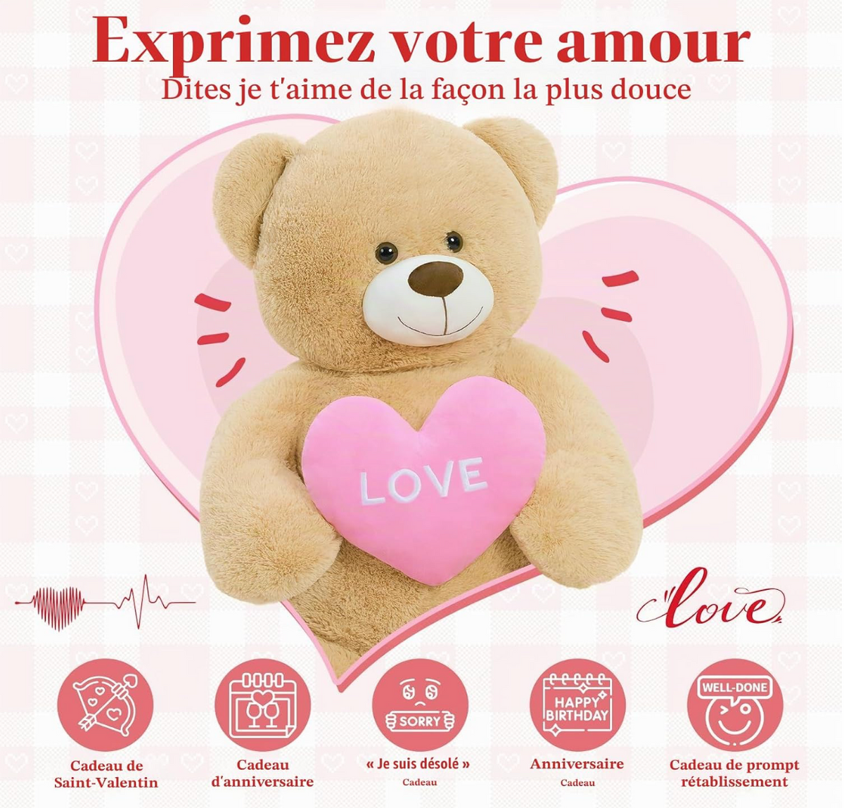 Ours en Peluche Géant avec Cœur “Love”